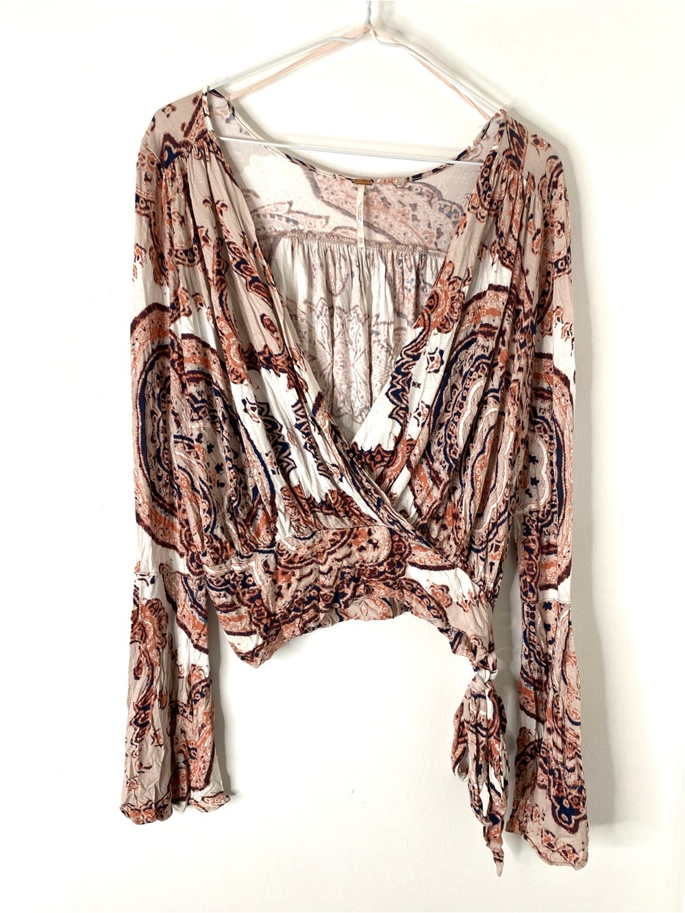Free People Paisley Wrap Top Bell Sleeve Tie Waist Boho Blouse